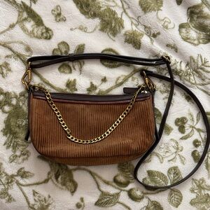 Fossil Brown Corduroy Shoulder Bag with Gold Chain